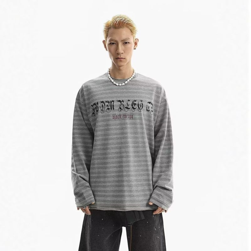 Americano Retro carta impressa listrado em torno do pescoço de manga comprida camiseta masculina primavera solta preguiç
