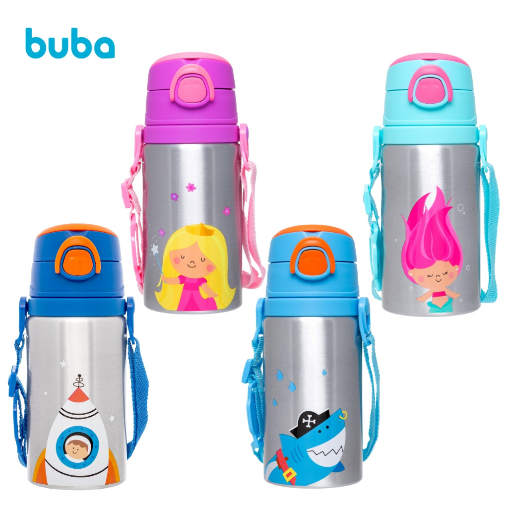 Garrafa Alumínio Infantil Buba 450ml Canudo Retrátil | Escolar Verão | 4 Temas Divertidos