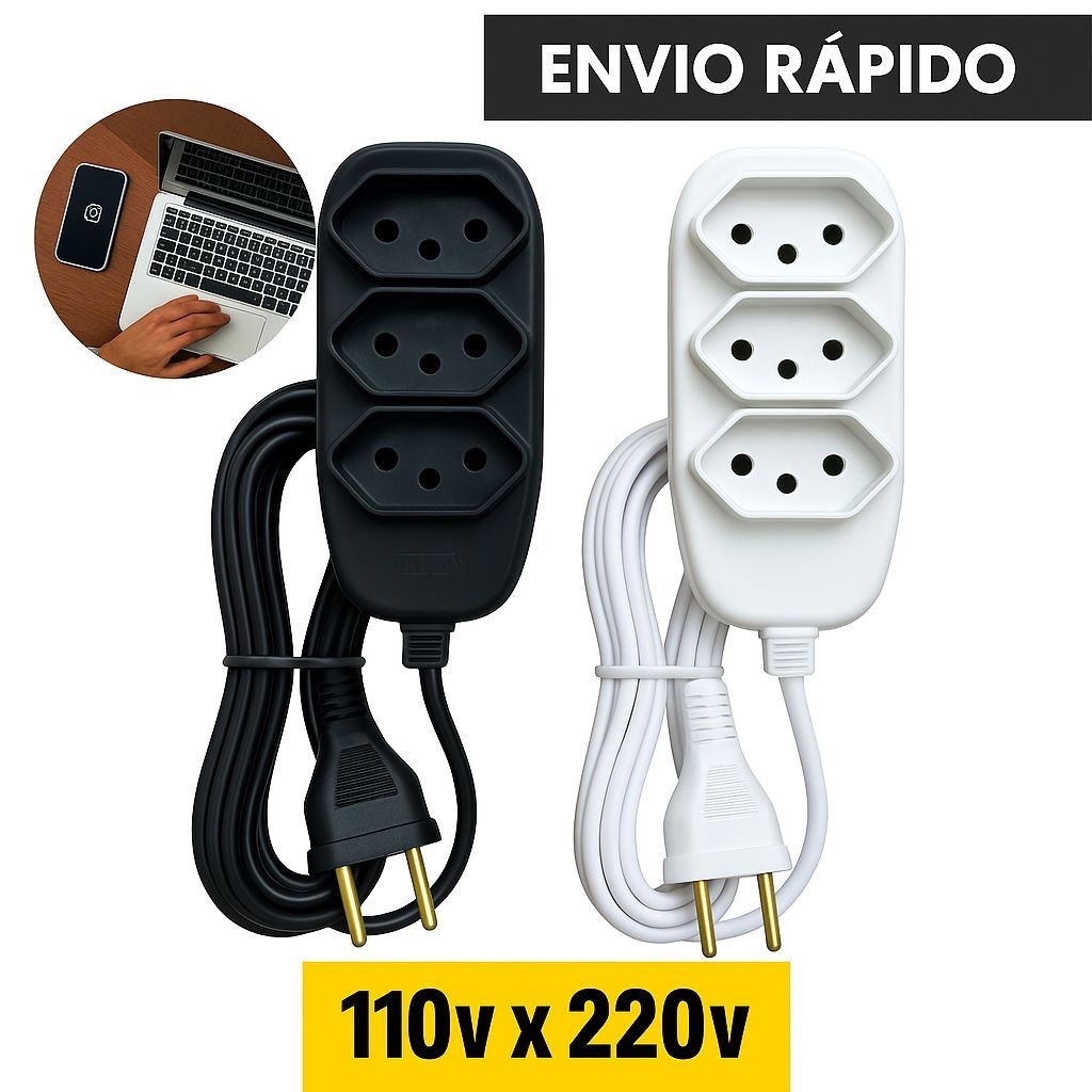 🔌 Extensão Elétrica Tripolar Branca ou Preta 10A Bivolt – 2m / 3m / 5m / 10m