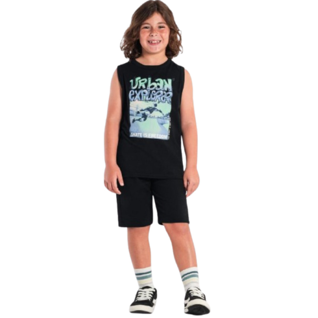 Conjunto brandili roupa infantil de menino 4 ao 16 blusa regata e bermuda em malha