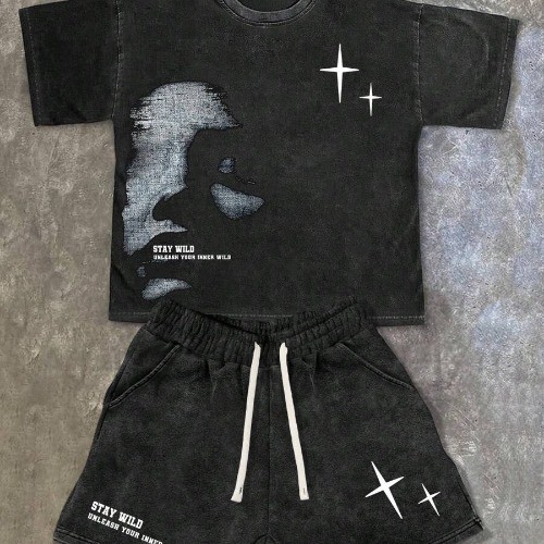 2 Peças Conjunto Masculino Camiseta de Algodão 100% de Gráfico Estampado com Rosto e Letra Conjunto de Camiseta