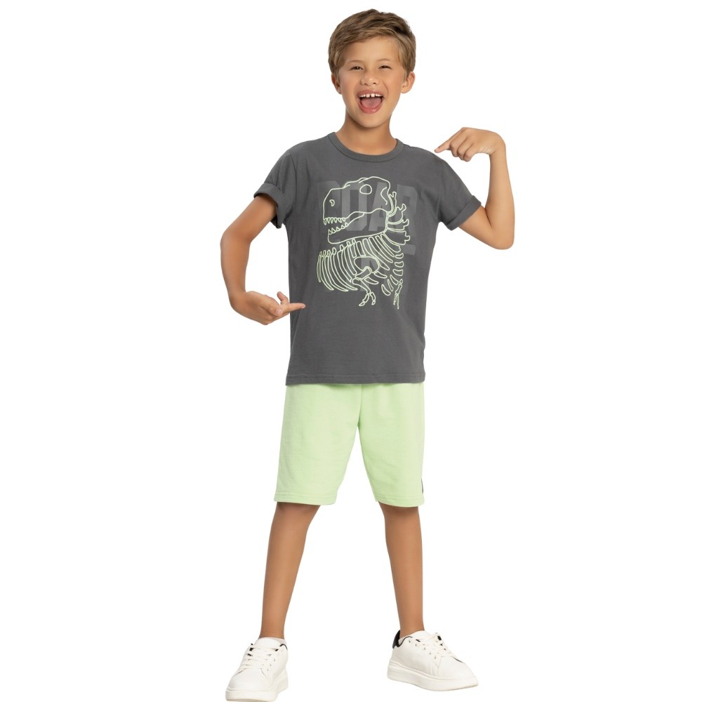 Conjunto Menino Alakazoo Camiseta Algodão Dinossauro e Bermuda Moletom Verde