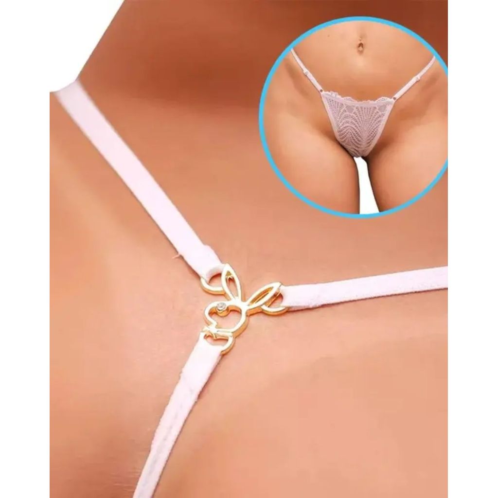 Calcinhas Mini Tanga Fio Dental em Renda Com Biju de Coelhinha - Playboy - Ju069