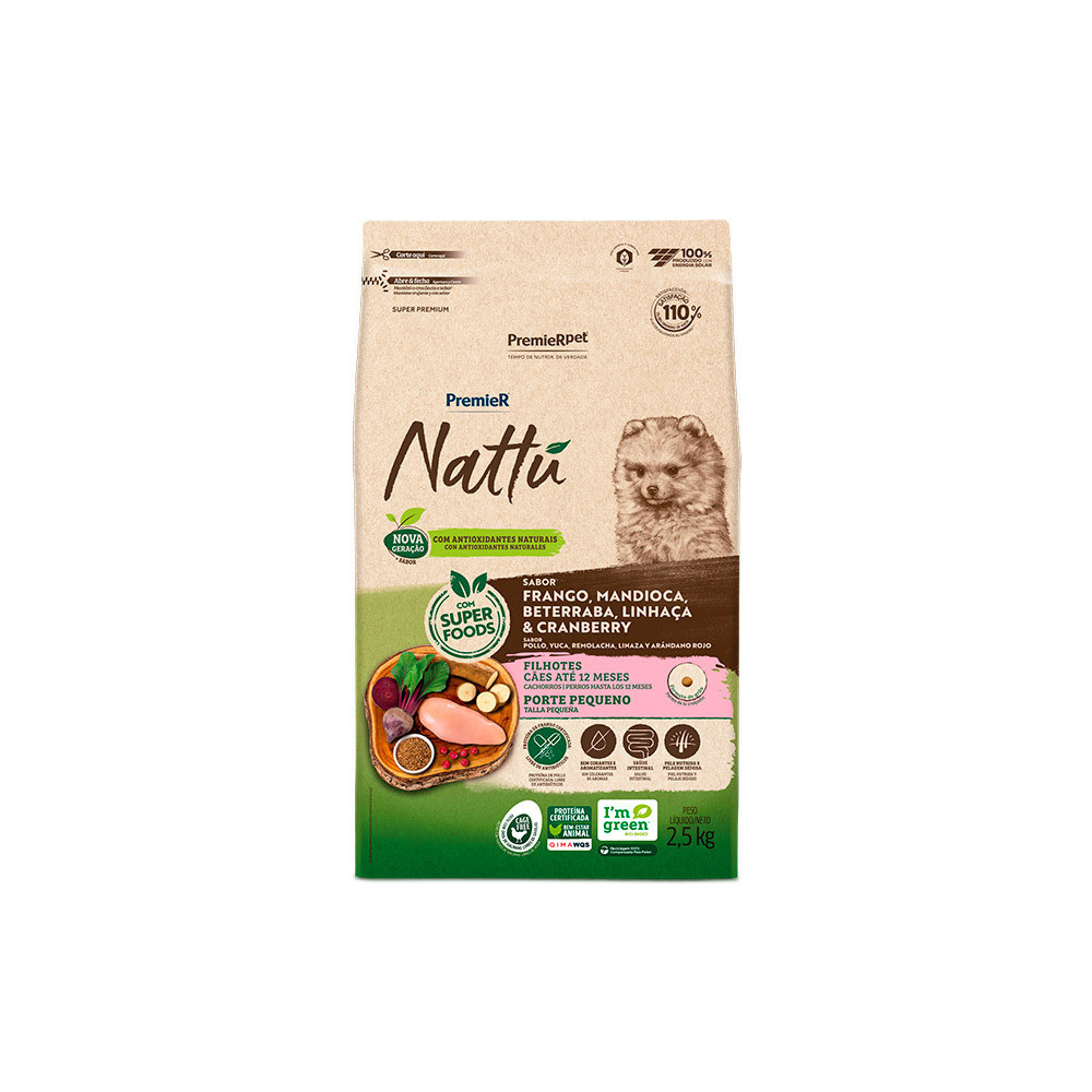 Raçao Premier Nattu Caes Filhote Raça Pequena Mandioca 2,5 KG