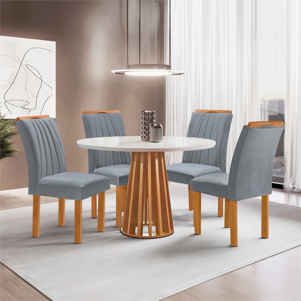 Conjunto Mesa Tampo Redondo Plus Vidro Kansas 100cm 4 Cadeiras Arizona Cinamomo/Off White/Suede Cinza em Oferta na Shopee
