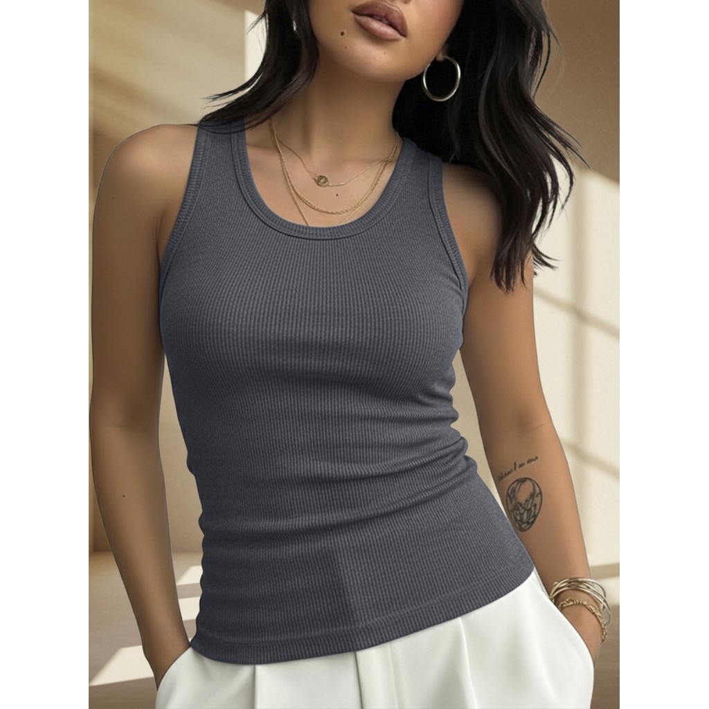 Regata Básica Gola Redonda Canelada Blusinha Cropped Feminina Modelo Americana Casual