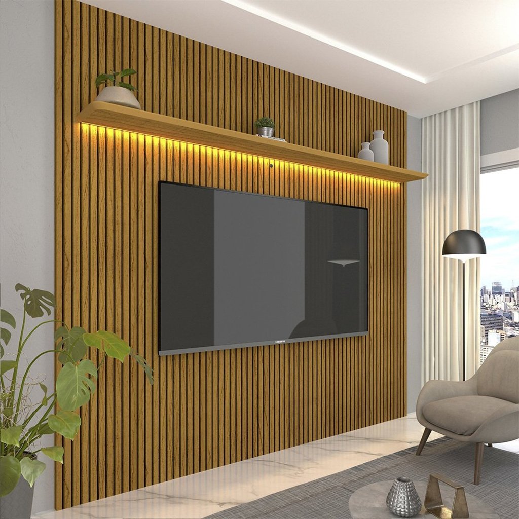 Painel Ripado para TV até 90 Polegadas Impressão Ripada com LED 220cm 100% MDF Requinte Naturale