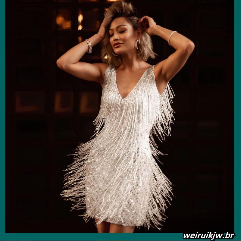 Vestido Com Decote Em V Sexy Saia Lápis Sem Mangas Média Franjas em Oferta na Shopee