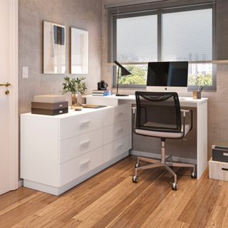 Escrivaninha Mesa Escritório em L com 6 Gavetas Cômoda 138cm Leonie Yescasa Branco em Oferta na Shopee