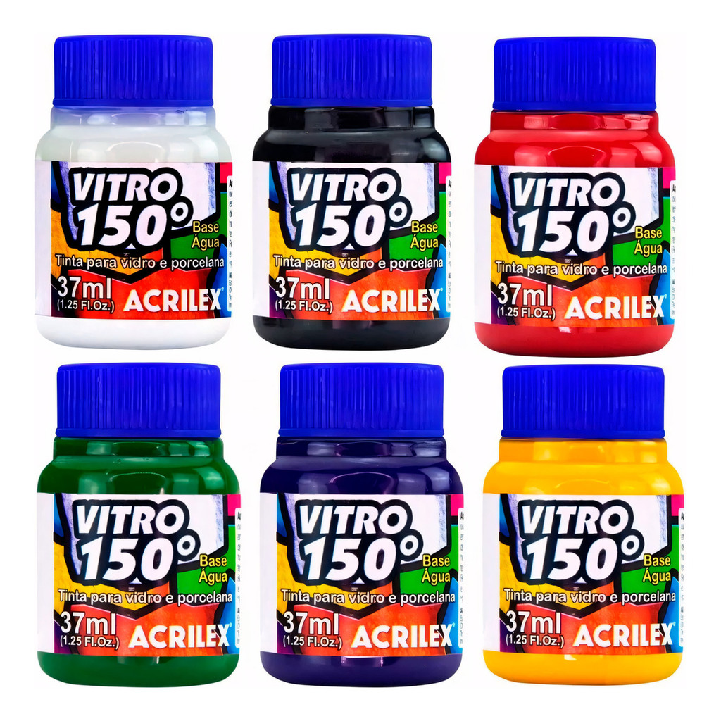 Kit com 6 Unidades Tinta 150 Vitro Acrilex à Base de Água para Vidro Cerâmica Porcelana
