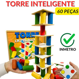 Jogo Torre Inteligente em Madeira Brinquedo Educativo Pedagógico 60 peças Coloridas em Madeira