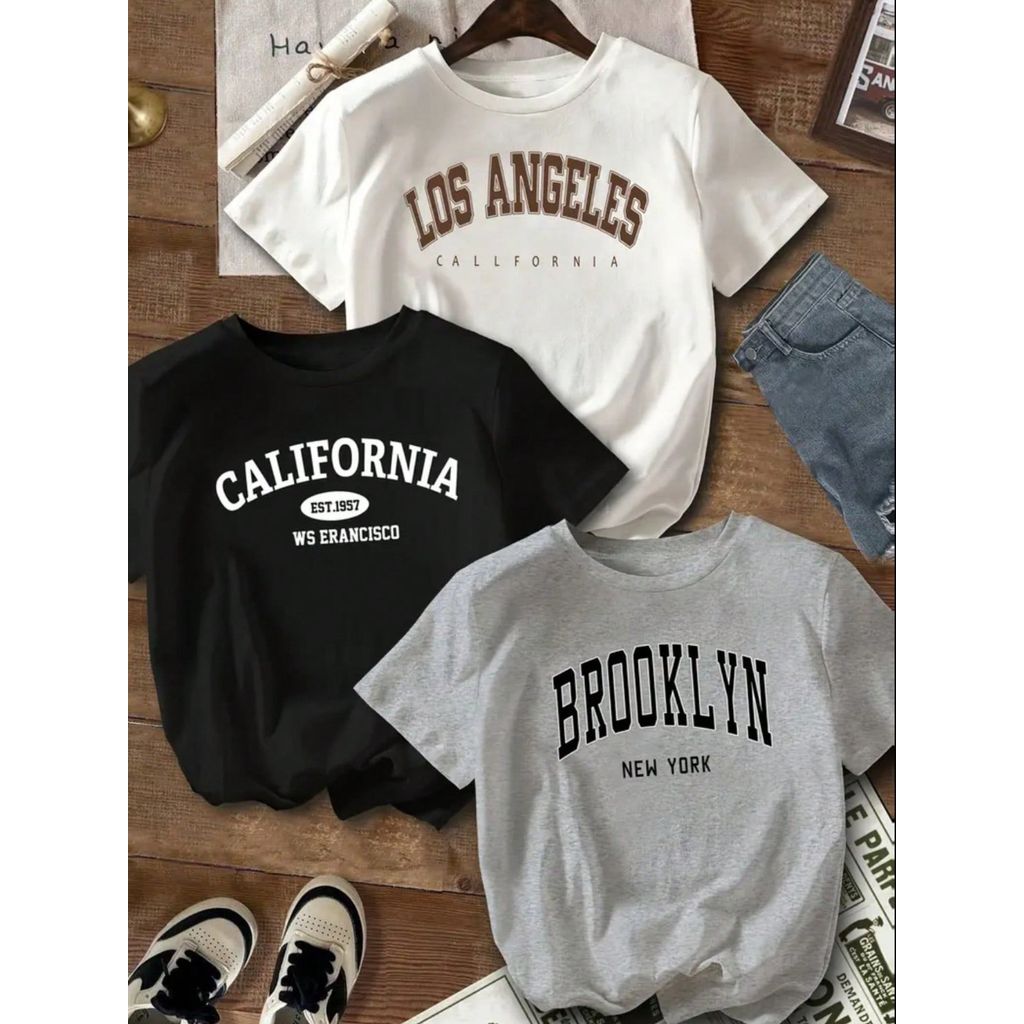 Kit 3 Camisa Feminina Estampadas De Algodão Brooklyn - California - Los Angeles T-shirts Casual