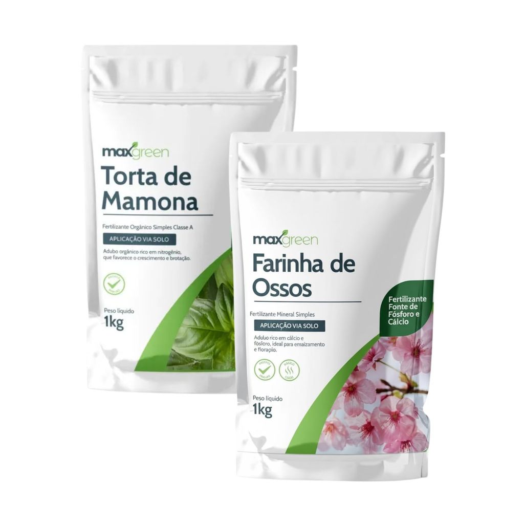 Kit Adubos Torta de Mamona Orgânico + Farinha de Ossos Maxgreen 1kg