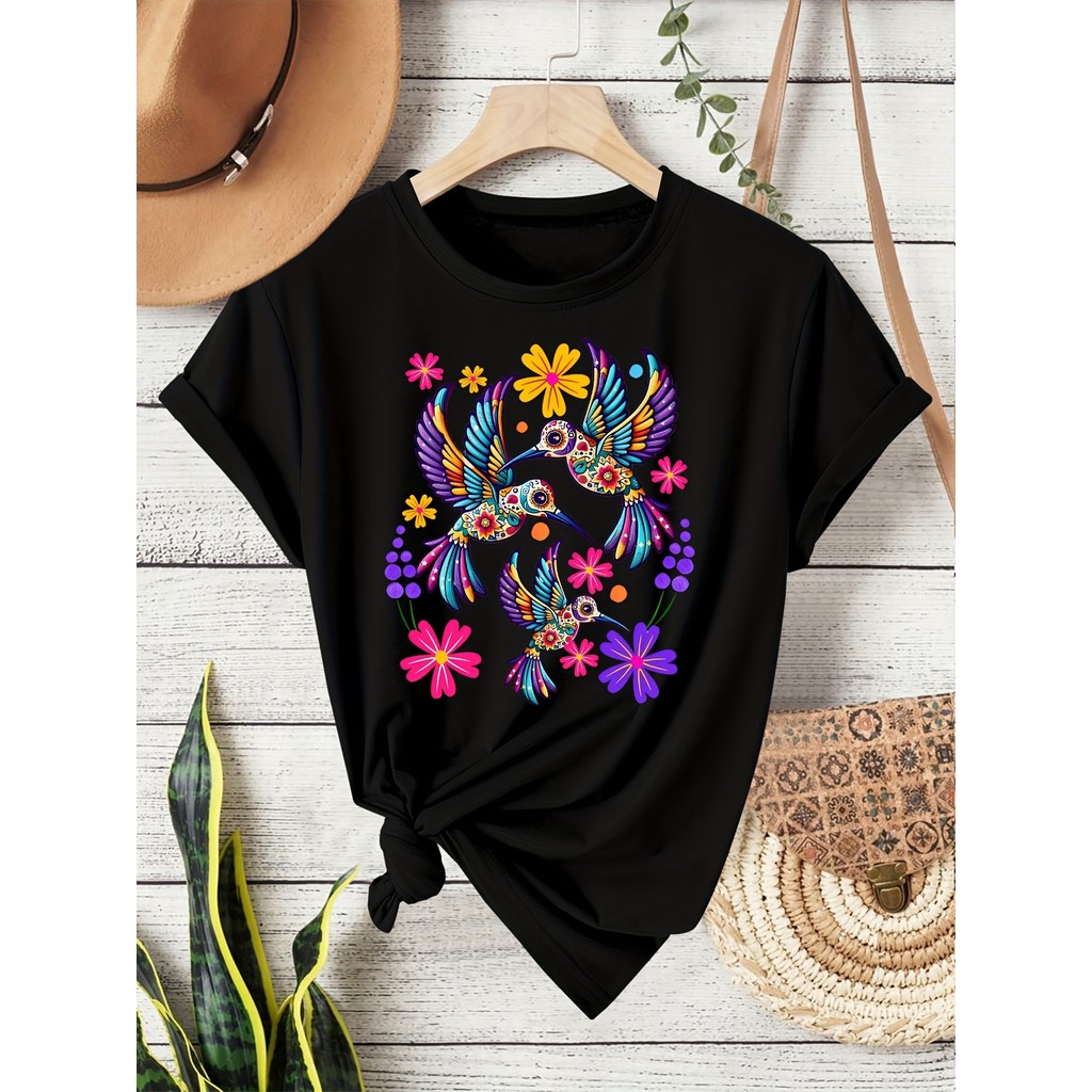 Camiseta Feminina Pássaros Flores Colorido Boho Folk Art Mexicano Estampada Confortável Linda Estilosa Moda Casual