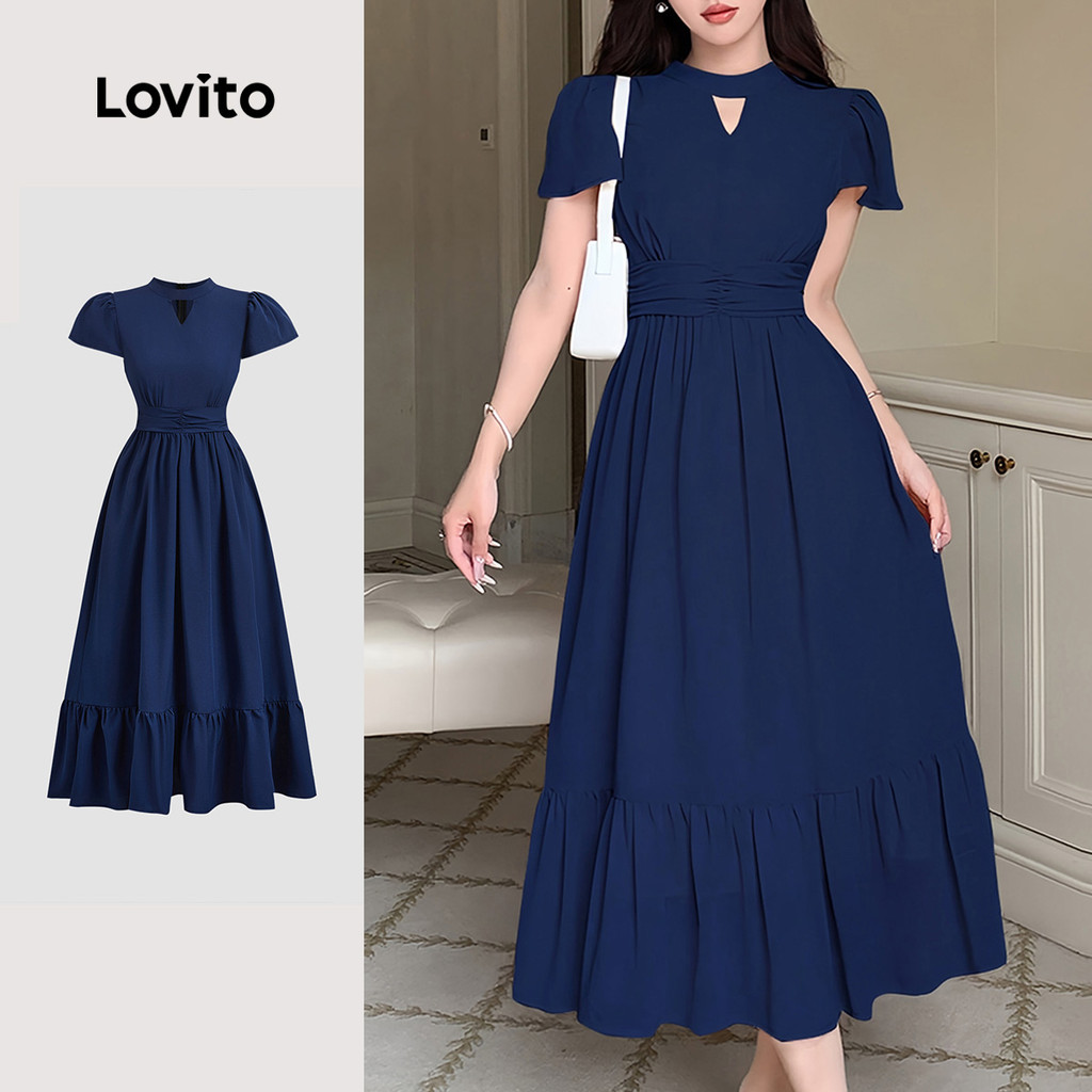 Lovito Vestido Elegante de Estrutura com Pregas e Zíper Primavera/verão Vestido Azul Escuro L138ED337 em Oferta na Shopee