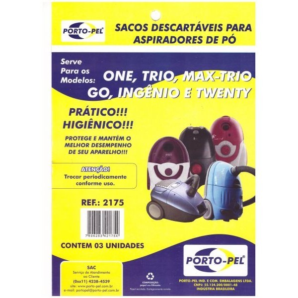 Kit 3 Sacos Descartável aspirador Electrolux one / trio / max-trio go / ingenio / twenty -Ref 2175
