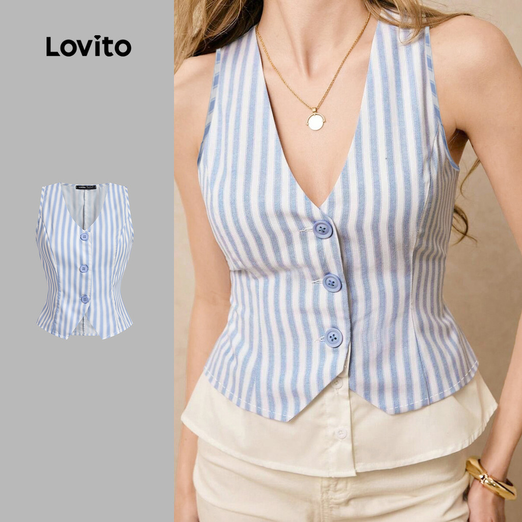 Lovito Blusa Casual de Botões No Topo com Abertura Frontal para Primavera/verão Azul para mulheres L138AD878 em Oferta na Shopee