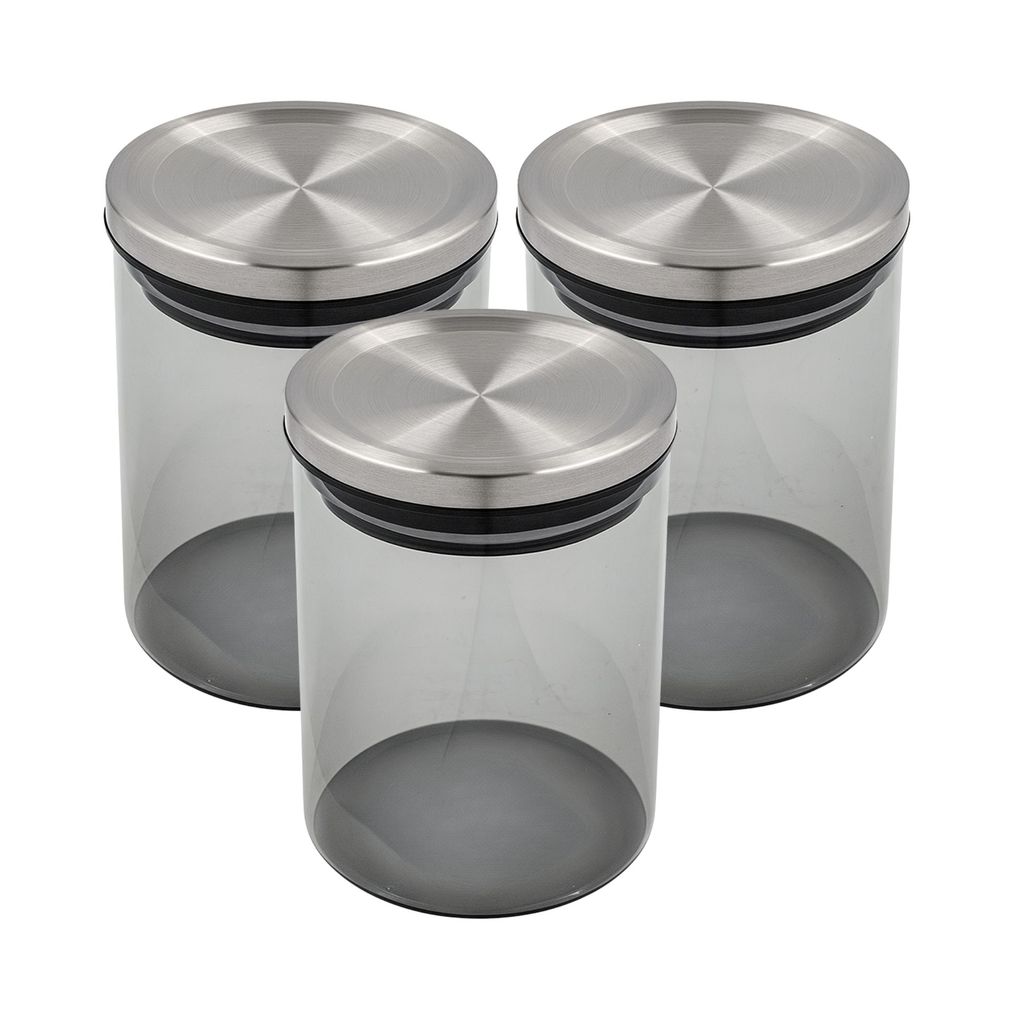 Kit 3 Pote Fumê de Vidro 10x13,3CM 750ML Porta Temperos Hermético Tampa Metálica