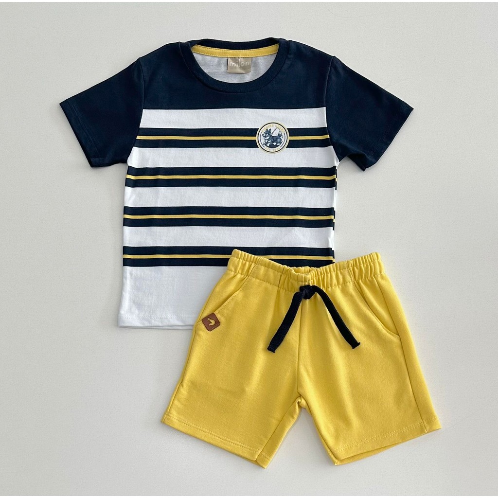 Conjunto Infantil Menino Milon Camiseta Listrada Marinho com Bermuda Verão 2001314