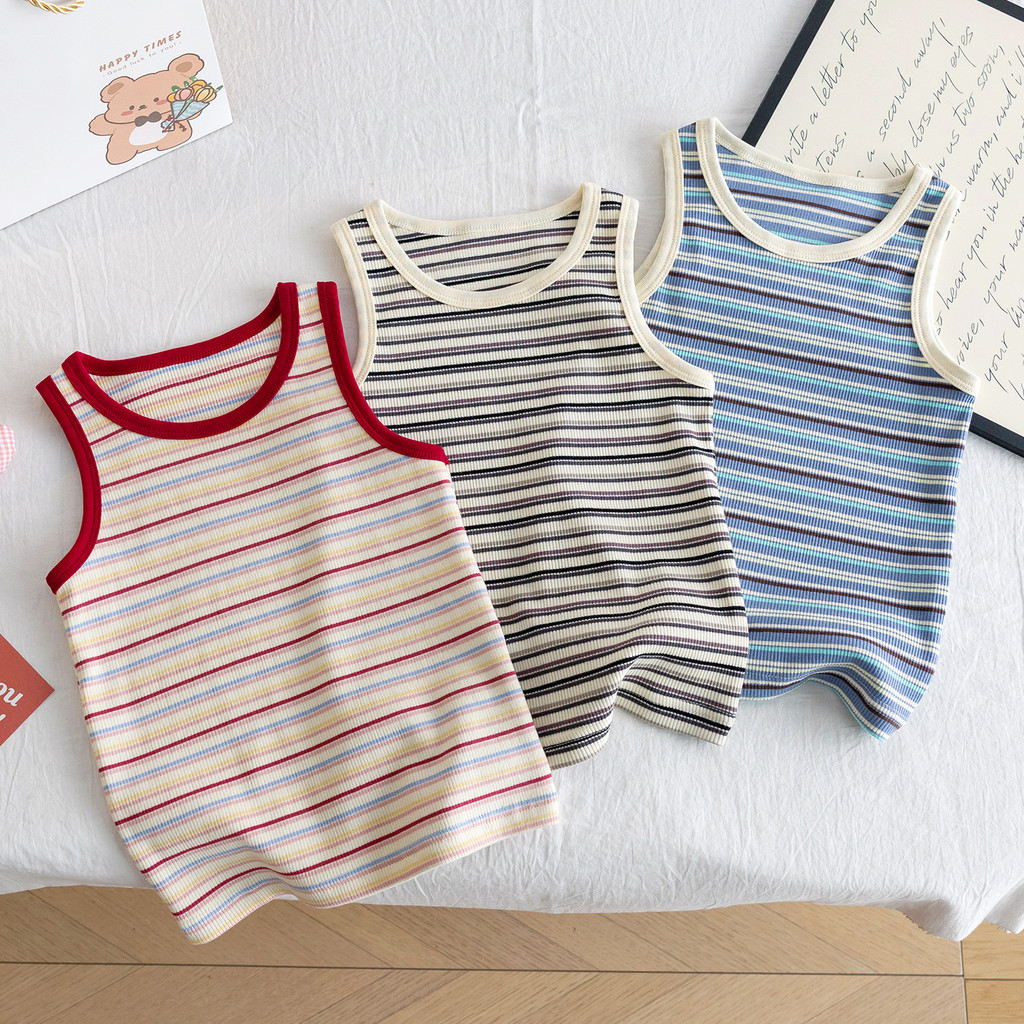 Meninas listrado colete verão fino versão coreana bebê menina crianças sem mangas camiseta puro algodão All-Match Bottom