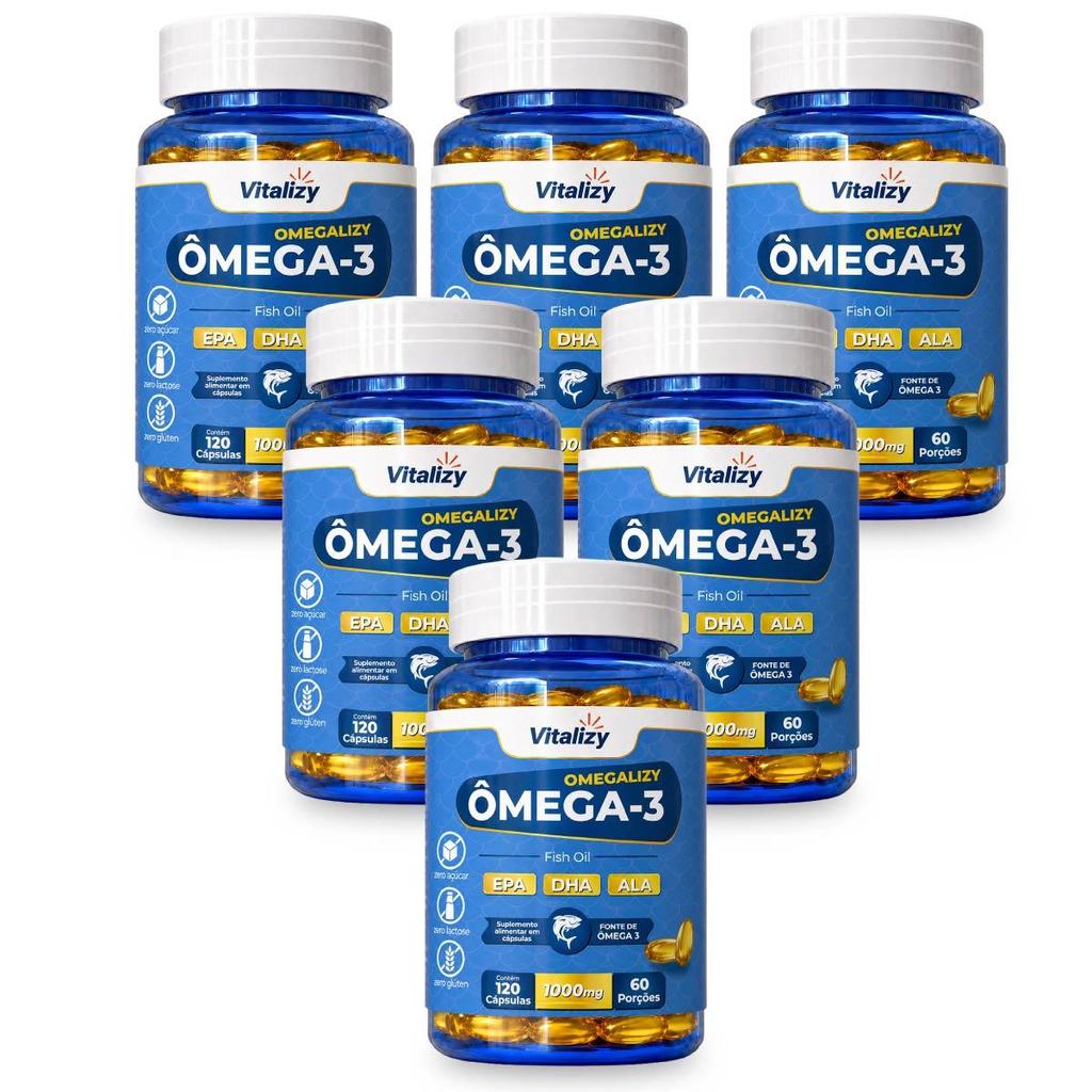 Kit 6x120 Cápsulas Ômega 3 Tripla Fonte 1000mg EPA DHA ALA Alto Teor Original Vitalizy