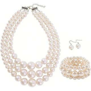 Wiwpar Conjunto de Joias com Colar de Pérolas Grandes em 3 Camadas para Mulheres - Colar, Pulseira e Brincos - Acessório