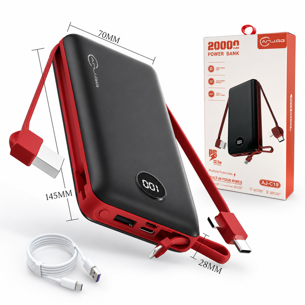 Power Bank 20000mAh Ultra Fino Com Cabos Integrados USB Type-C Lightning