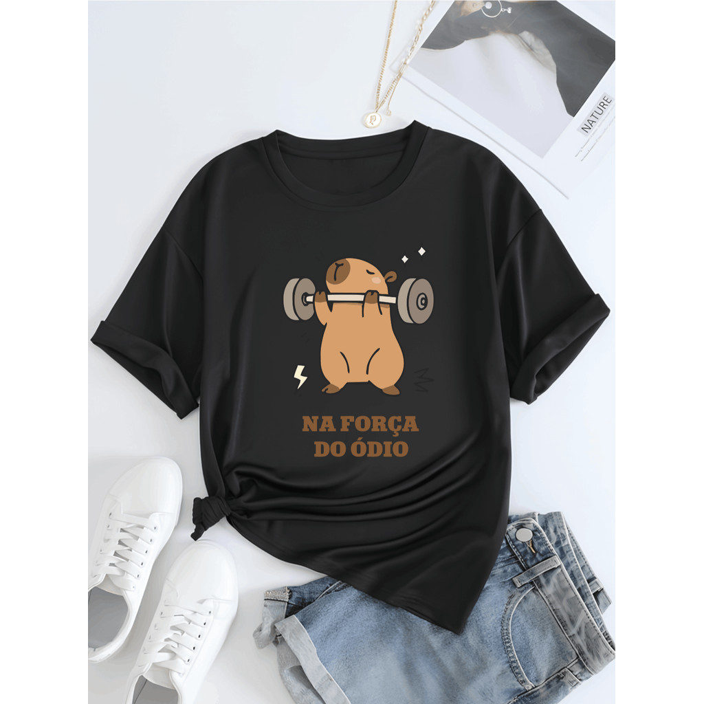 Camiseta Estampada Capivara Levantando Peso Na Foça Do Ódio Camisa Unissex Masculina Feminina Confortável