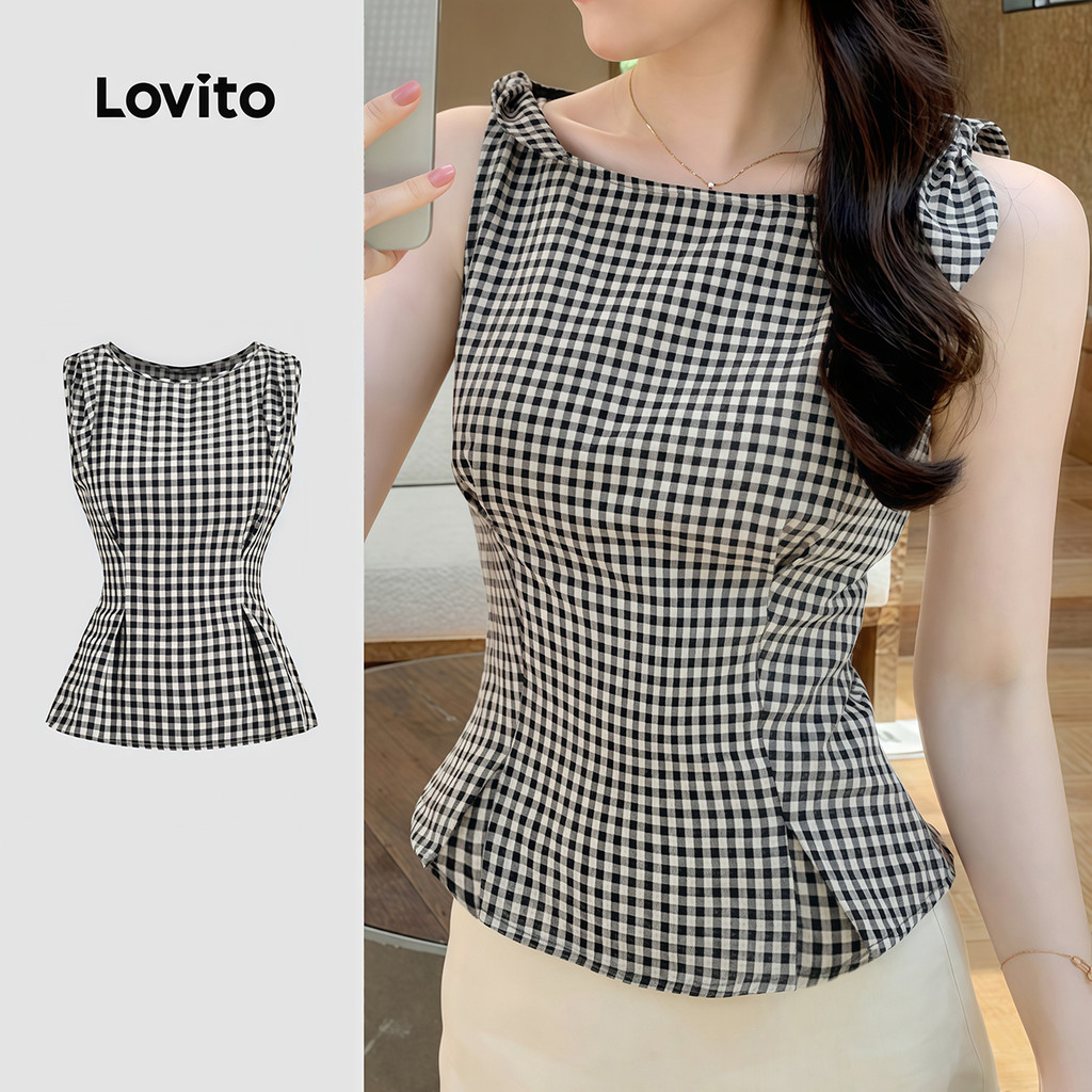 Blusa Regata Feminina Lovito Xadrez Elegante Nacional com Laço Estilosa Preta e