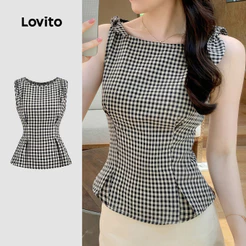 Blusa Regata Feminina Lovito Xadrez Elegante Nacional com Laço Estilosa Preta e Branca para Primavera/verão L178ED1485