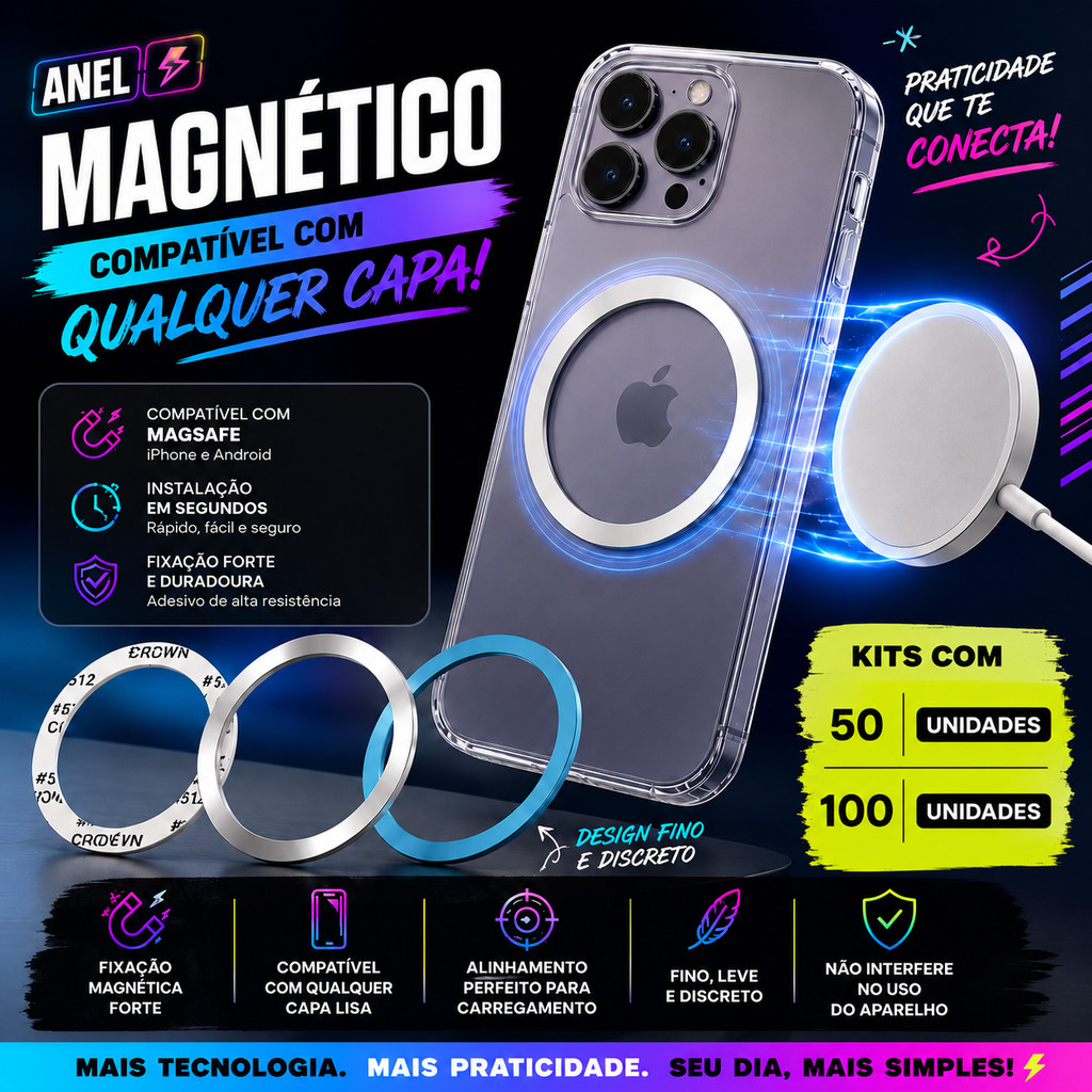 ANEL MAGNÉTICO MAGSAFE UNIVERSAL PARA CELULAR COMPATÍVEL COM CAPA CARREGADOR MAGNÉTICO  KIT COM 50 OU 100 UNIDADES