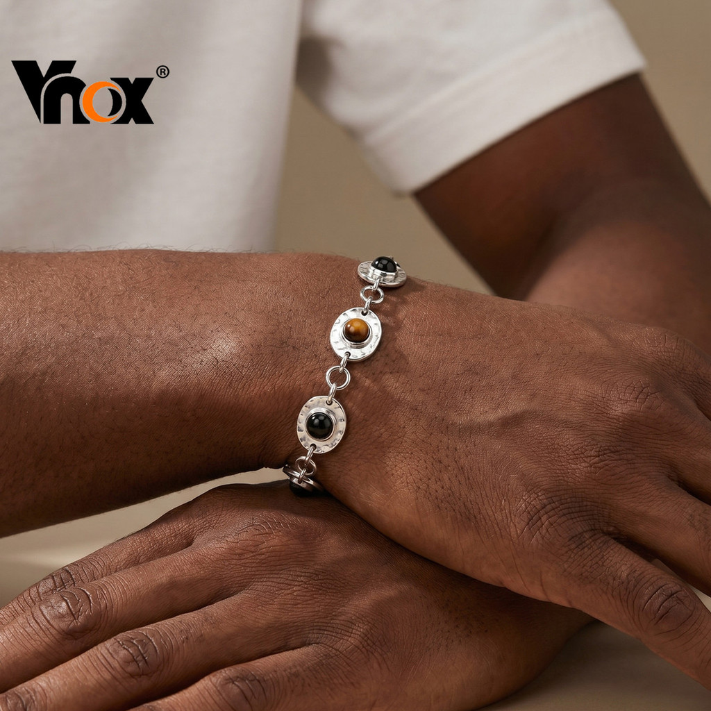 Vnox Moda Masculina Pulseira À Prova Dwaterproof Água Prata Aço Inoxidável Natural Hematita Ônix Uso Diário Jóias Acessó
