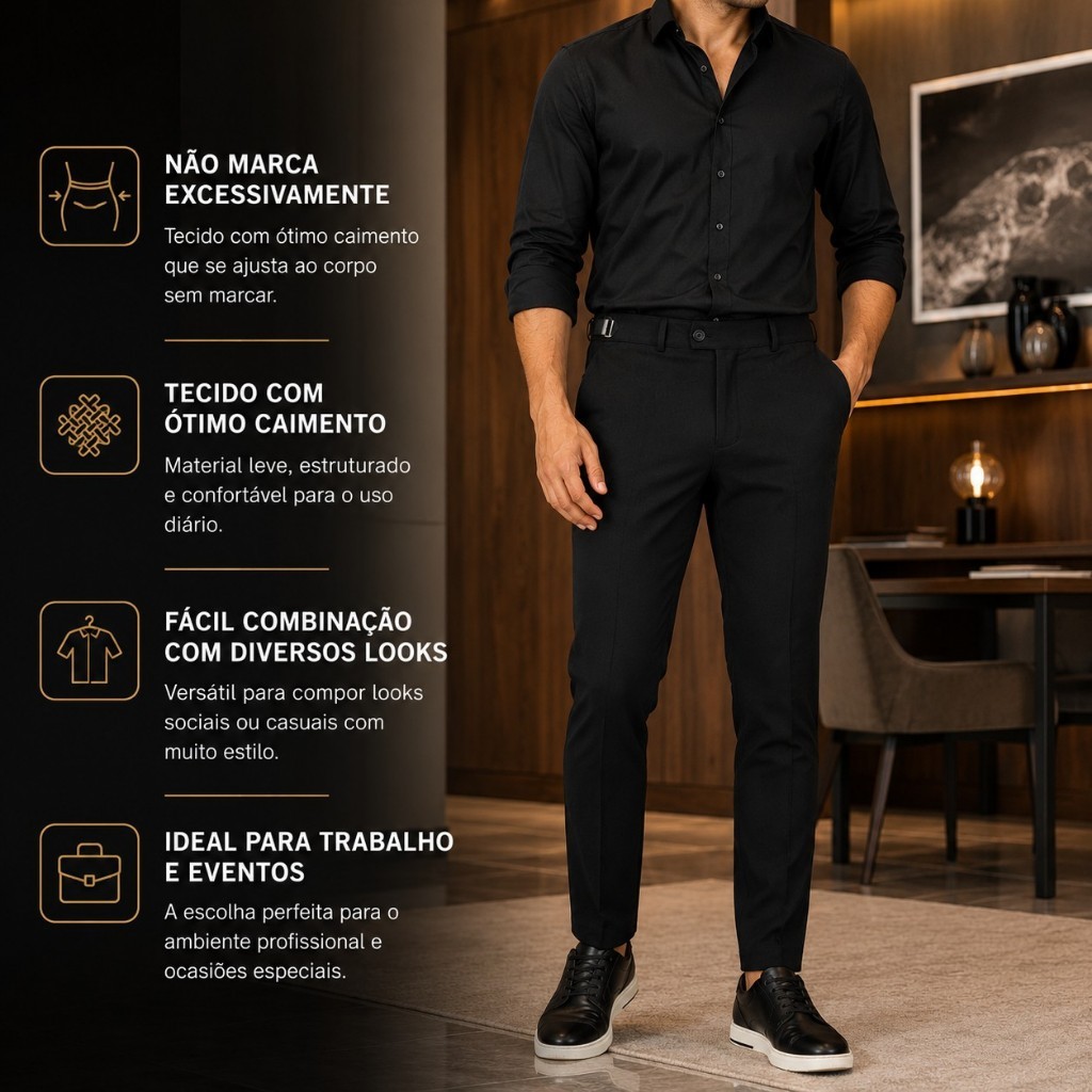 Calça Alfaiataria Masculina Slim Social com Regulagem Lateral Casual Elegante Confortável Trabalho — imagem 2 de 2