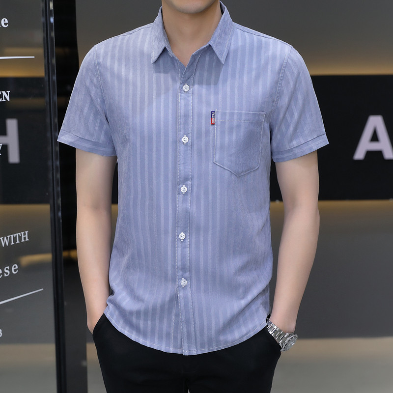 Camisa masculina de manga curta Casual estilo fino na moda magro-ajuste bonito na moda marca masculina listrado Polegada