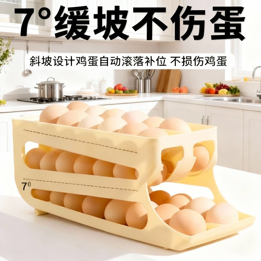 Caixa de armazenamento de ovos rolante cozinha Multi-camada boca oblíqua rolo de ovo automático geladeira porta lateral 