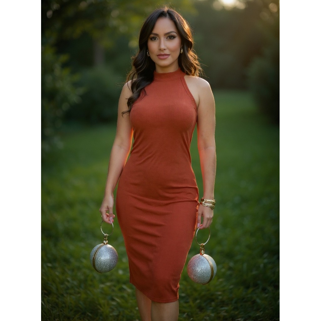 Vestido Midi Canelado Gola Alta - Terracota — Achadinhos da Dani Leite
