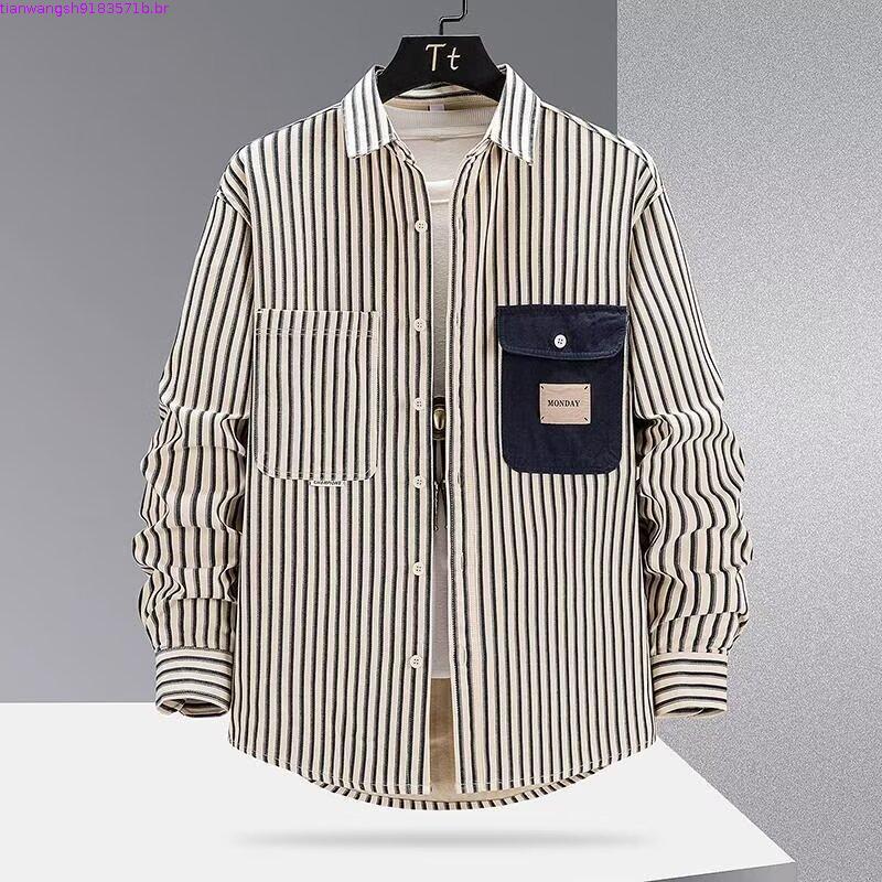 Csa de manga comprida de algodão puro masculina estilo Hong Kong na moda Casual csa listrada bonito All-Match solt