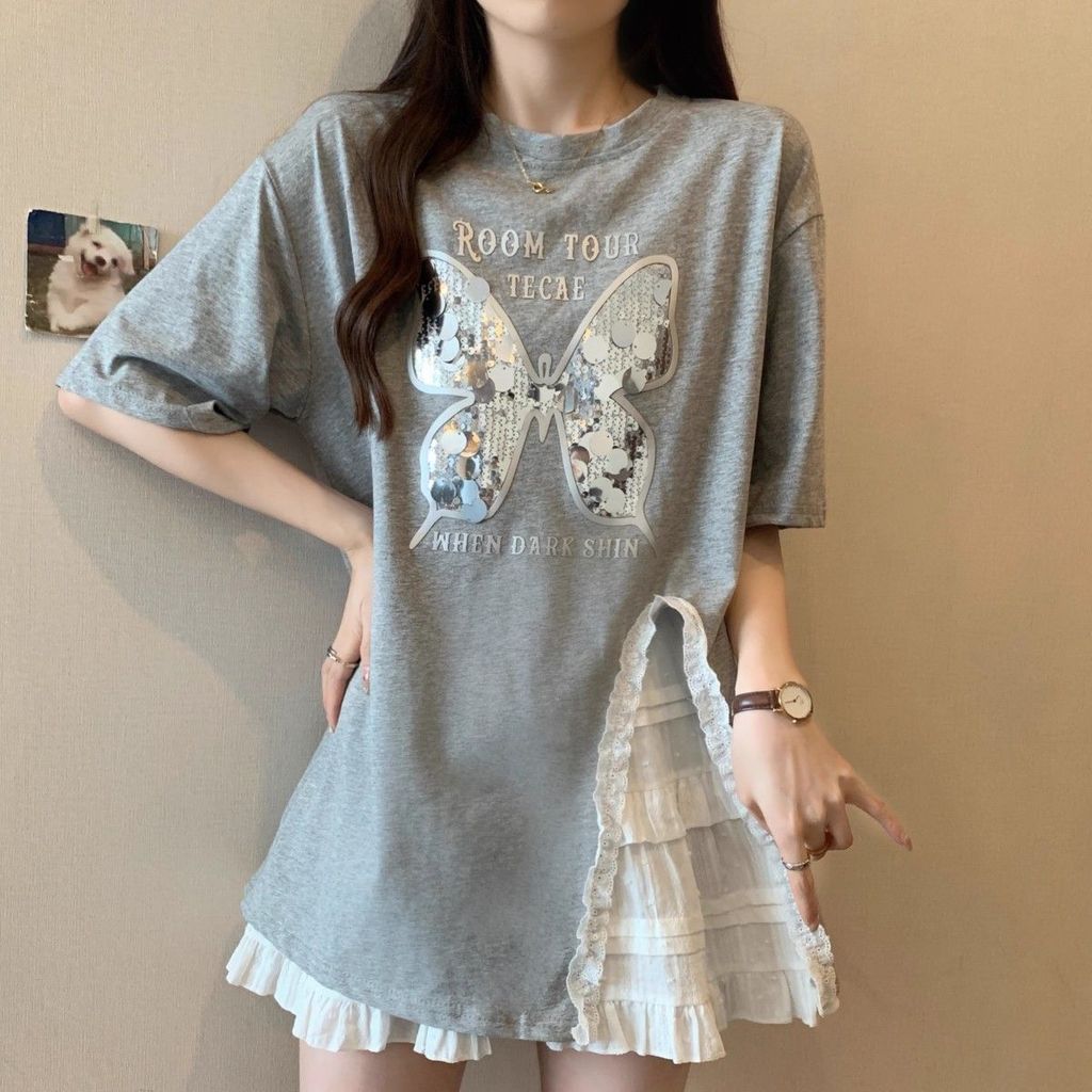 Tamanho grande gordura mm doce temperamento solto estilo preguiçoso Design sentimento chique único Formal ombro camiseta