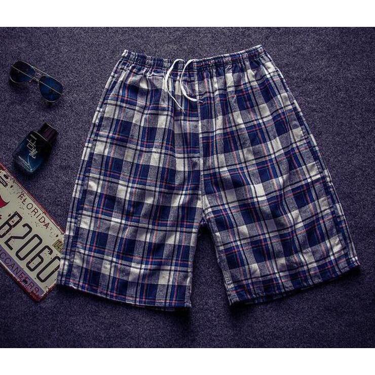 Verão xadrez puro algodão praia calças masculinas soltas casuais de meia-idade idosos Shorts masculinos finos calças de 
