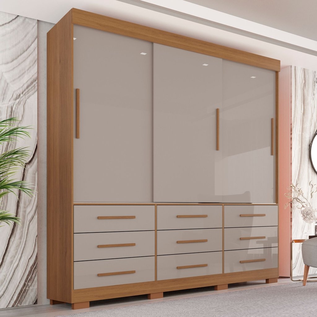 Guarda-Roupa com Pés Casal 3 Portas 9 Gavetas Luana Off White/Cinamomo/Off-White Cinamomo/Off White