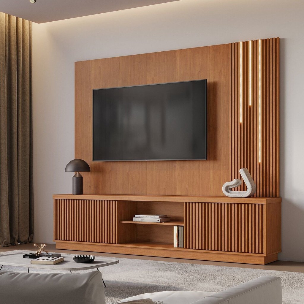 Estante para TV e Home Theater Ripado para TV até 75 Polegadas com LED 100% MDF 220CMX190,5cm com LED Cascata 2 Portas