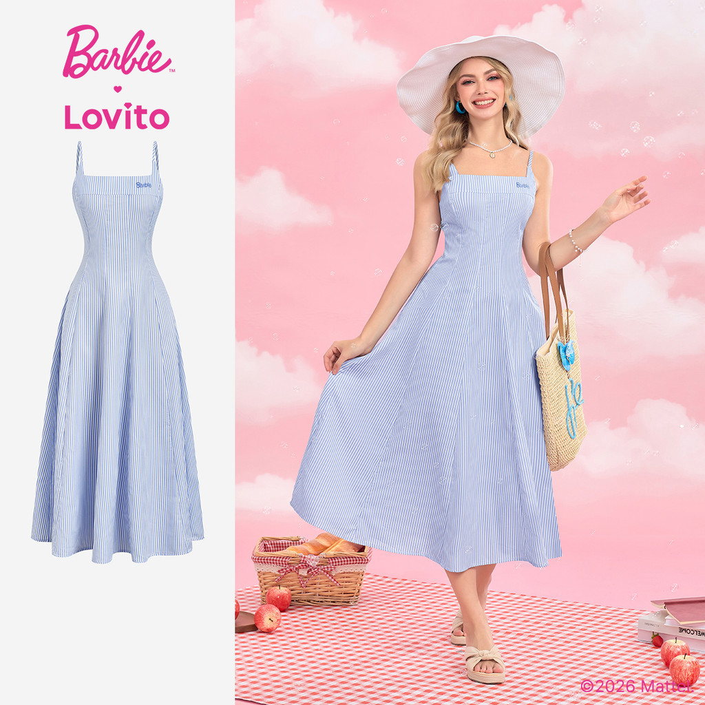 Barbie™ X Lovito Férias Padrão Vestido Babado Primavera/verão Azul Branco Mulher