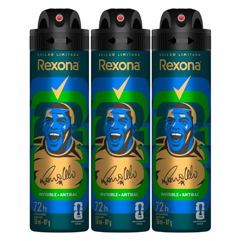 Kit Desodorante Aerosol Rexona Antibacterial+Invisible Men 150ml - 3 Unidades