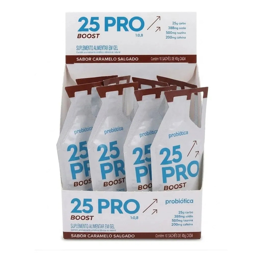 Gel 25Pro Boost Display 10 Sachês x 40g Caramelo Salgado Probiótica