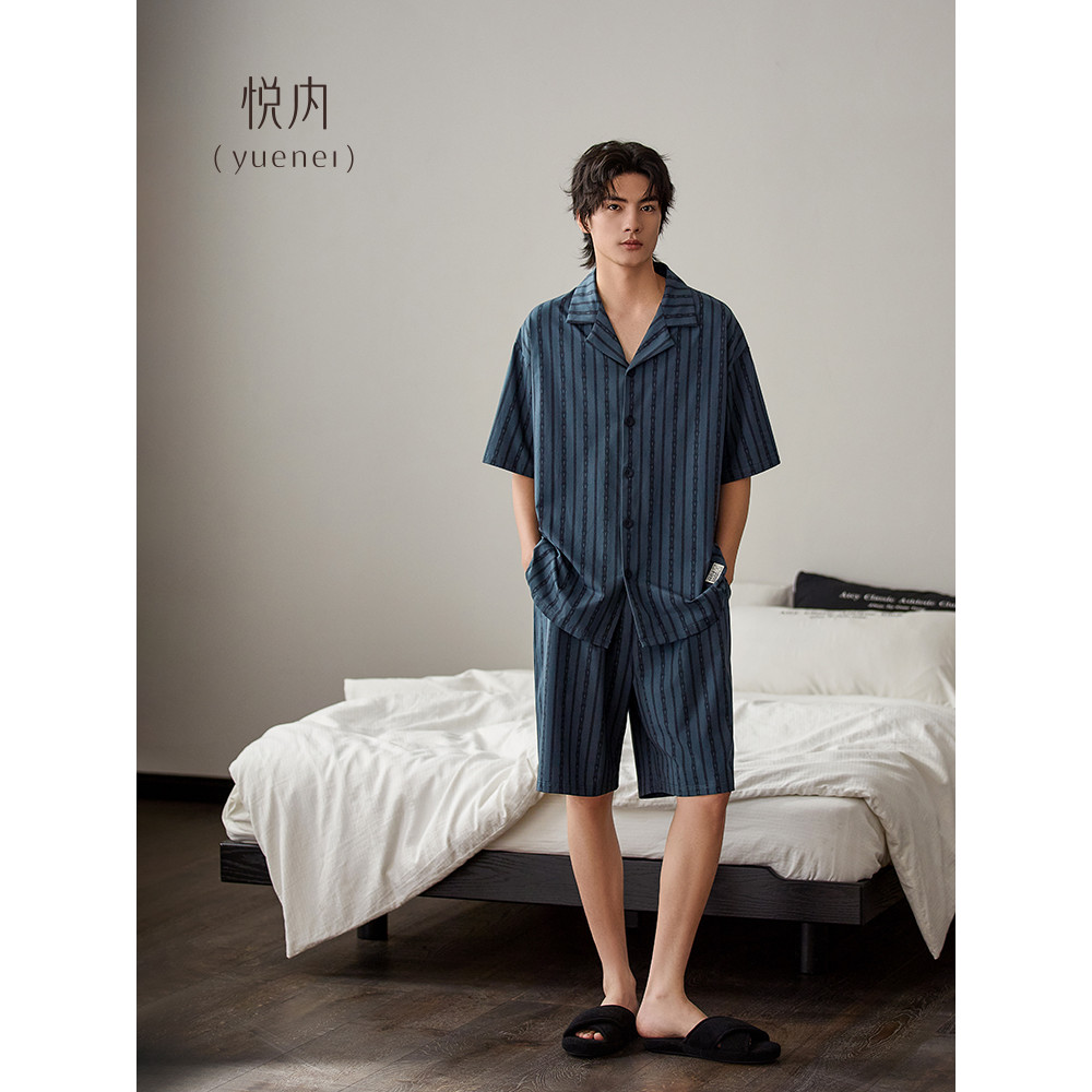 Yue pijamas internos masculinos verão verão puro algodão Shorts de manga curta Loungewear moda Casual listras estilo fin