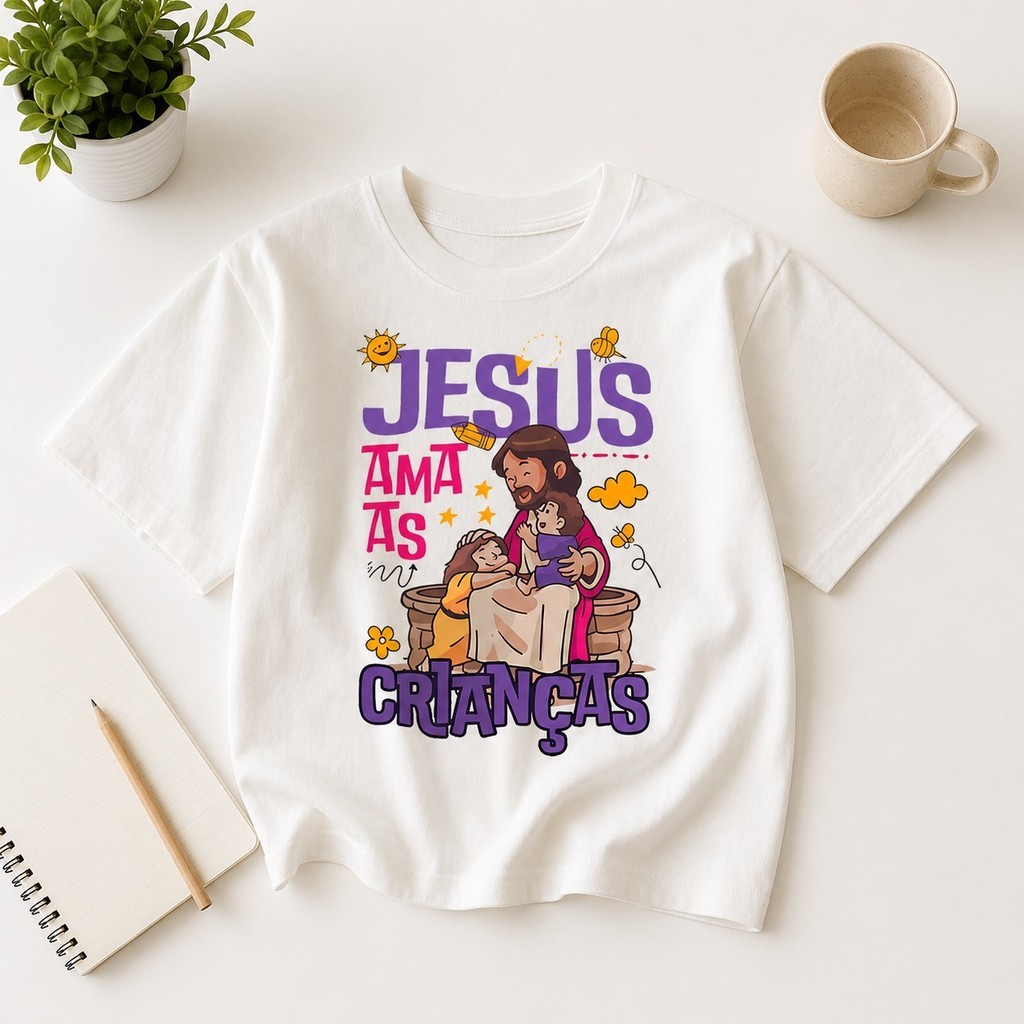 Camiseta Infantil Jesus Ama As Crianças 100% Algodão Premium Fofo Estampa Religiosa