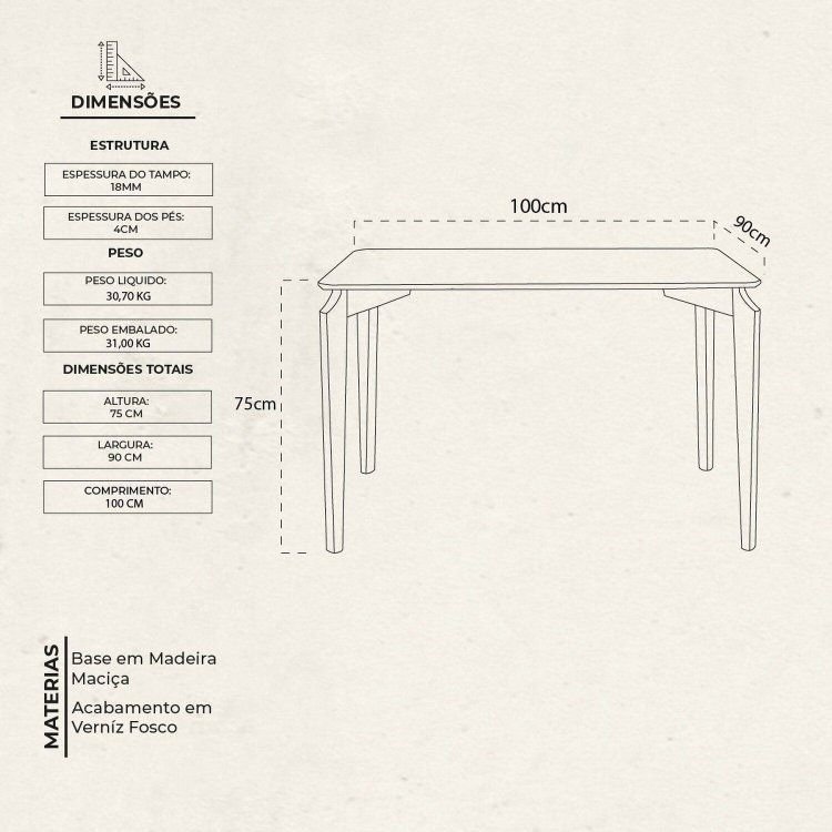 Mesa de Jantar Retangular 100cm Tampo Laminado Aura Marrom/Mel 100