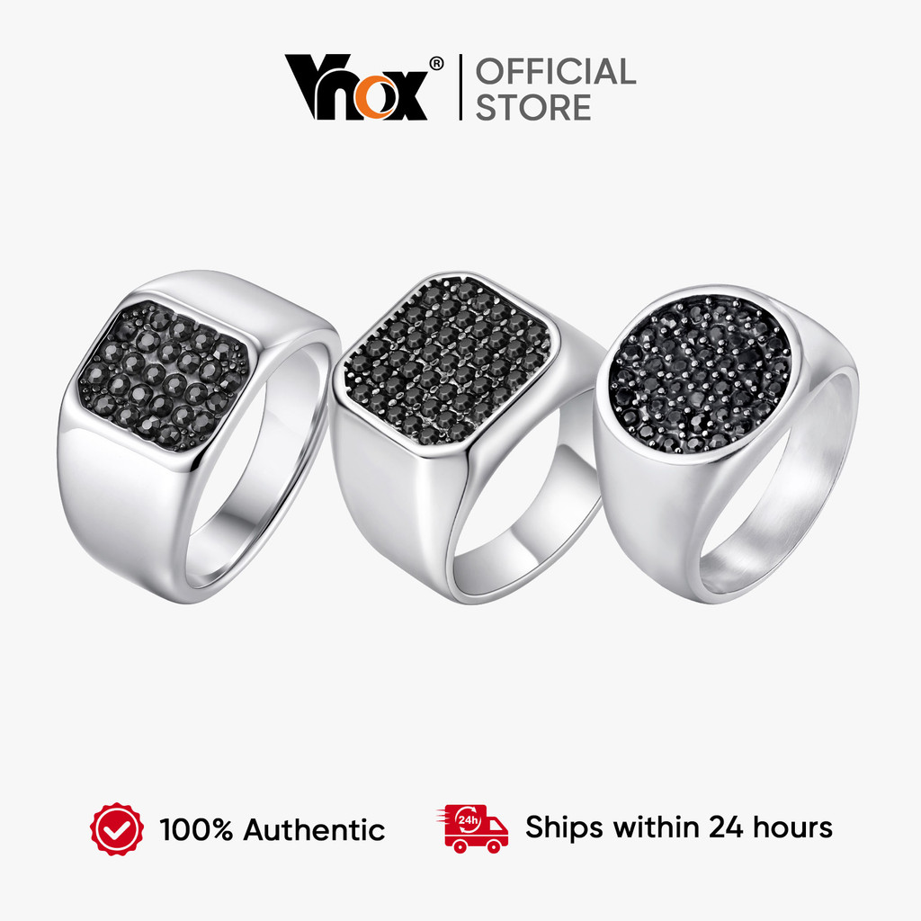 Vnox Preto Zircônia Cúbica Sinete Anel De Aço Inoxidável Banda Larga Masculino Prata Acessório