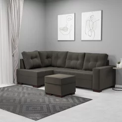 Sofá de Canto com Puff 6 Lugares Suede Cinza Gávea 238cm Cinza