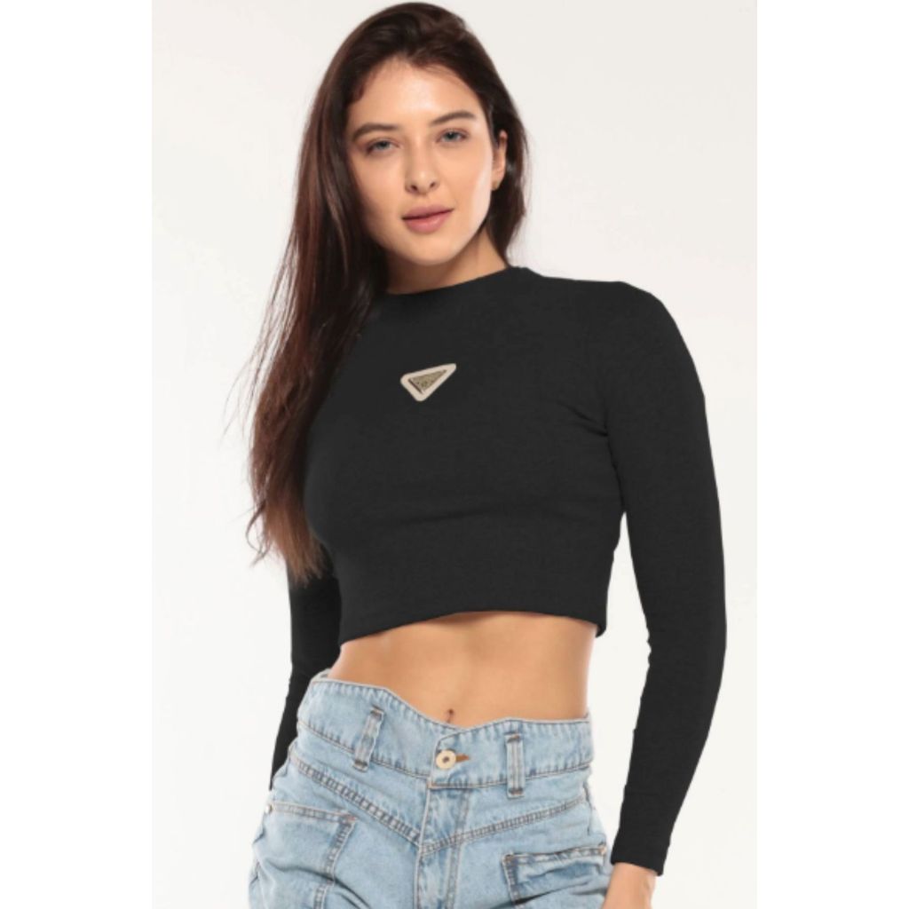 Blusa Feminina Manga Longa Aplique Planet Girls Preto